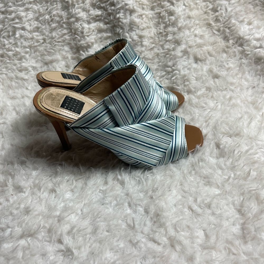 WHBM Gisele Blue Satin Stripes heels Sandals size 6 M